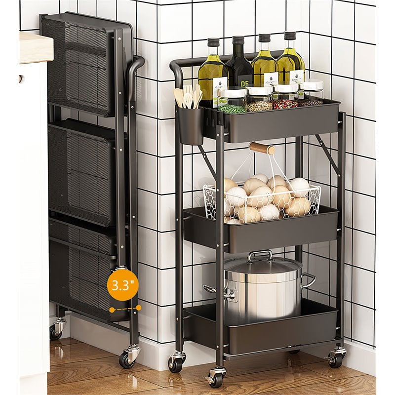 Alexent 3-Tier Modern Metal Storage Utility Rolling Cart with Foldable in Black