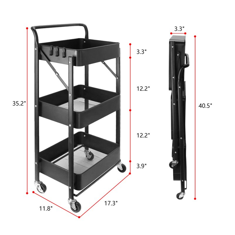 Alexent 3-Tier Modern Metal Storage Utility Rolling Cart with Foldable in Black