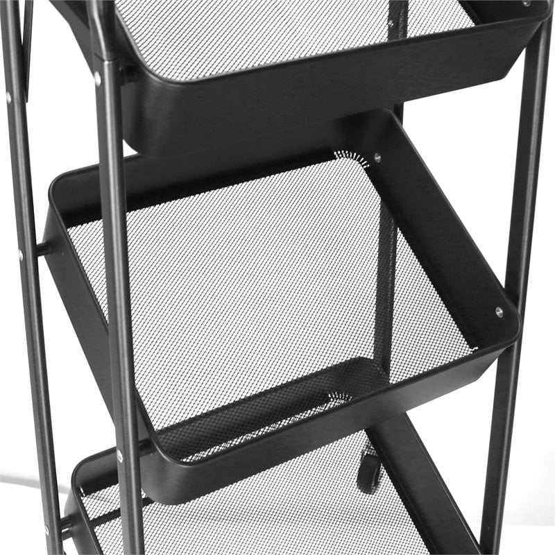 Alexent 3-Tier Modern Metal Storage Utility Rolling Cart with Foldable in Black