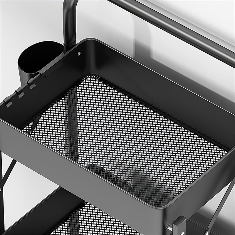 Alexent 3-Tier Modern Metal Storage Utility Rolling Cart with Foldable in Black