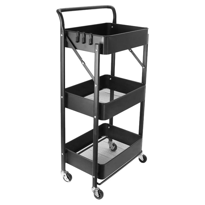 Alexent 3-Tier Modern Metal Storage Utility Rolling Cart with Foldable in Black