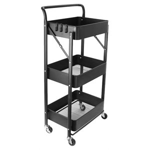 alexent 3-tier modern metal storage utility rolling cart with foldable in black