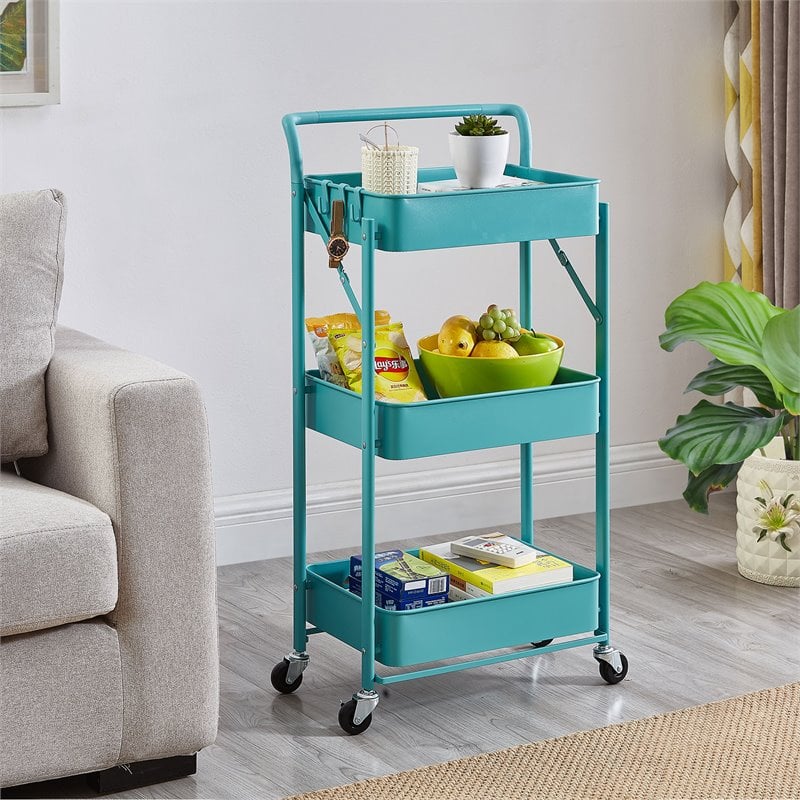 Alexent 3-Tier Modern Metal Storage Utility Rolling Cart with Foldable in Blue