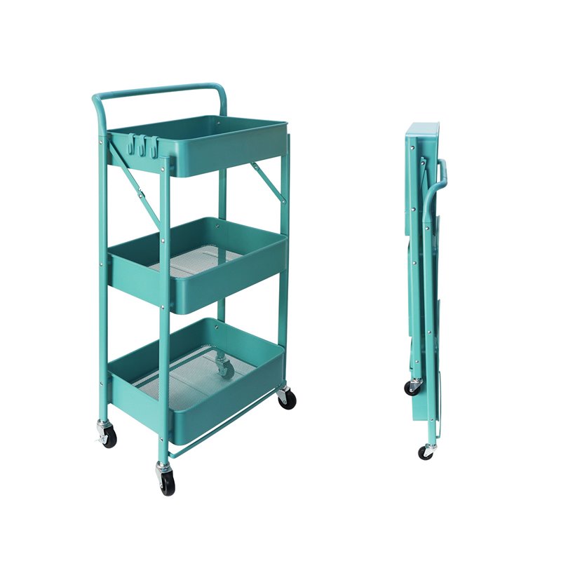 Alexent 3-Tier Modern Metal Storage Utility Rolling Cart with Foldable in Blue