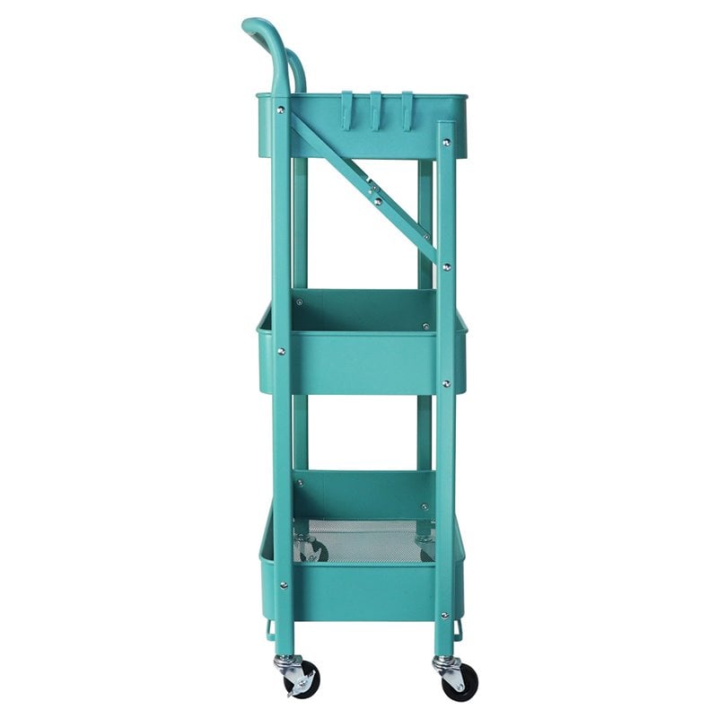 Alexent 3-Tier Modern Metal Storage Utility Rolling Cart with Foldable in Blue
