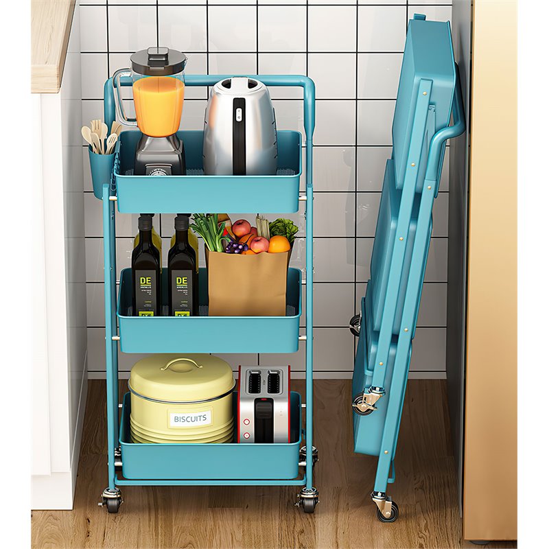 Alexent 3-Tier Modern Metal Storage Utility Rolling Cart with Foldable in Blue