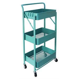 alexent 3-tier modern metal storage utility rolling cart with foldable in blue