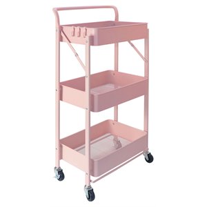 alexent 3-tier modern metal storage utility rolling cart with foldable in pink