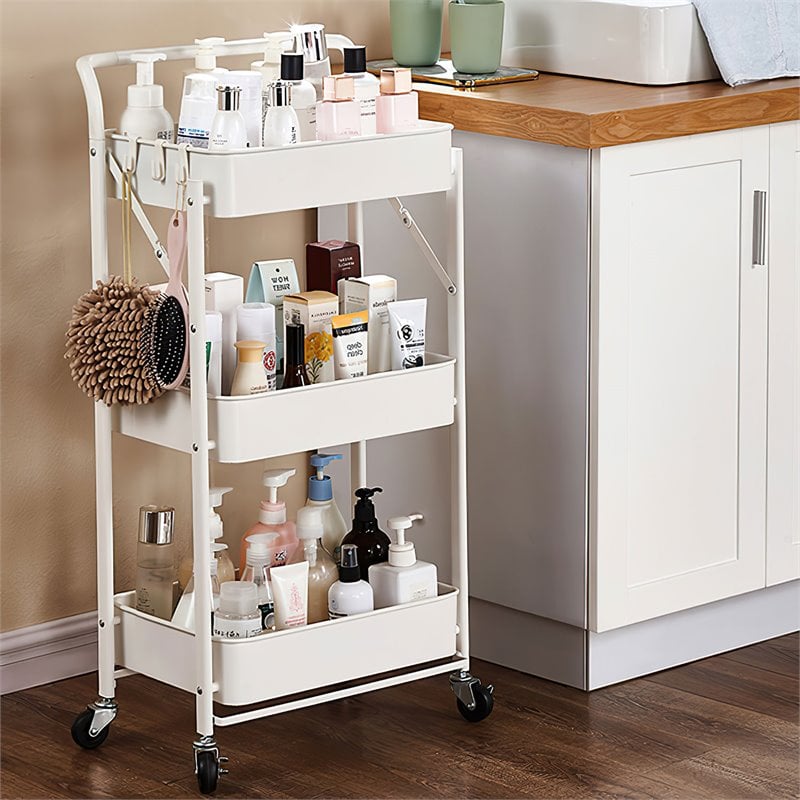 Alexent 3-Tier Modern Metal Storage Utility Rolling Cart with Foldable in White