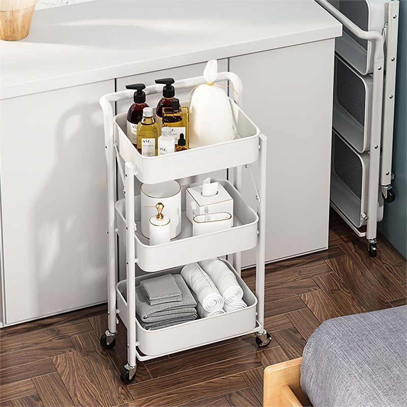 Alexent 3-Tier Modern Metal Storage Utility Rolling Cart with Foldable in White