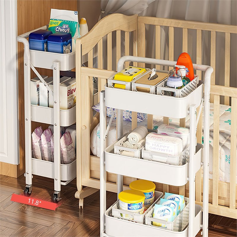 Alexent 3-Tier Modern Metal Storage Utility Rolling Cart with Foldable in White