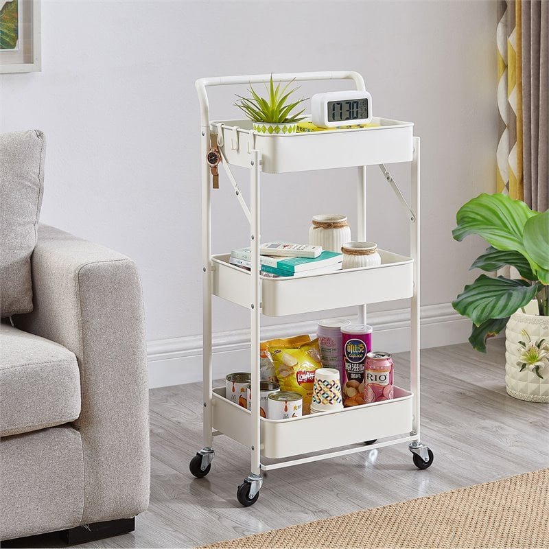 Alexent 3-Tier Modern Metal Storage Utility Rolling Cart with Foldable in White