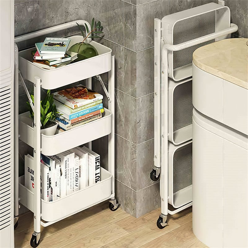 Alexent 3-Tier Modern Metal Storage Utility Rolling Cart with Foldable in White