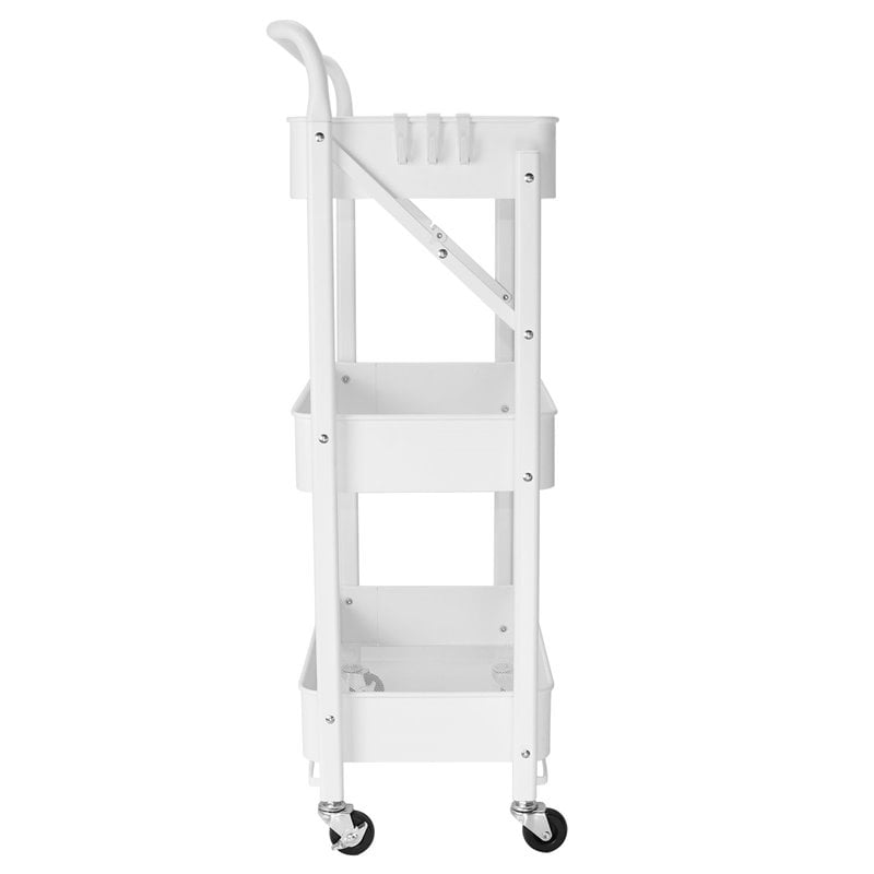 Alexent 3-Tier Modern Metal Storage Utility Rolling Cart with Foldable in White