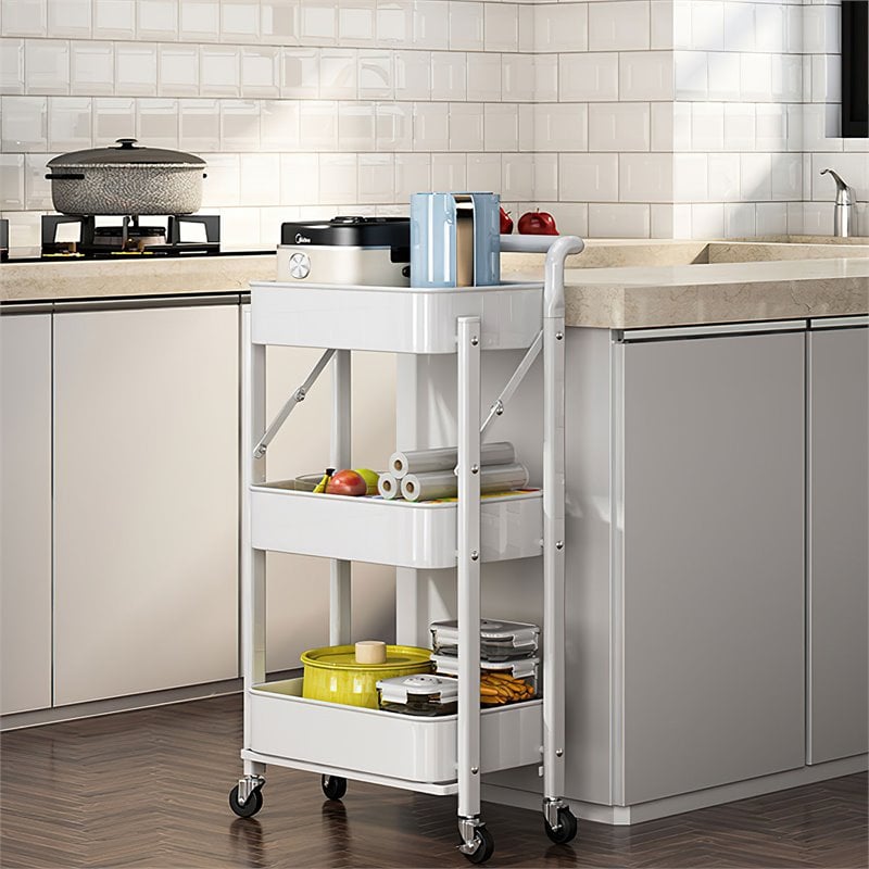 Alexent 3-Tier Modern Metal Storage Utility Rolling Cart with Foldable in White
