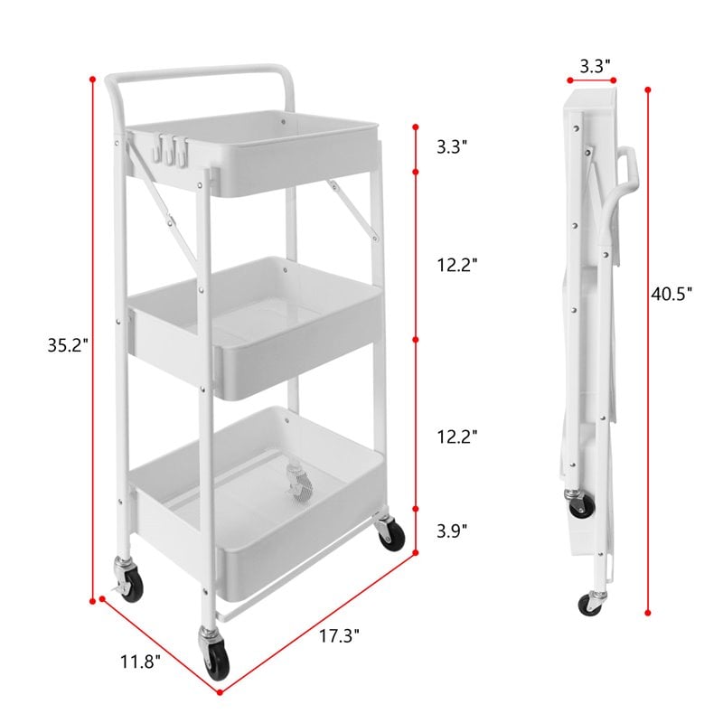 Alexent 3-Tier Modern Metal Storage Utility Rolling Cart with Foldable in White