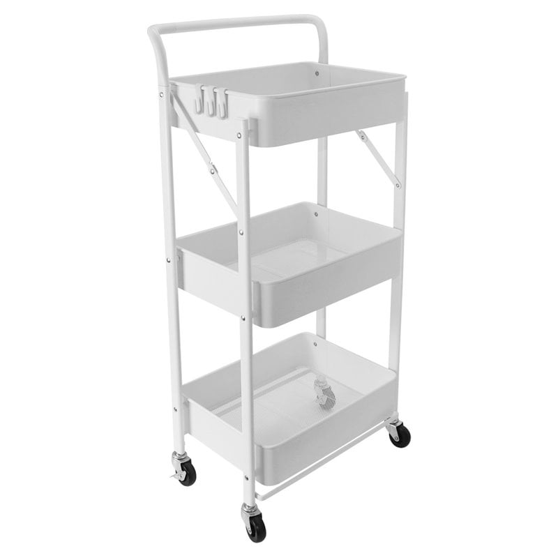 Alexent 3-Tier Modern Metal Storage Utility Rolling Cart with Foldable in White