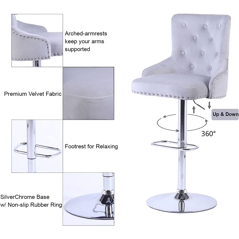 Alexent Modern Glam Velvet Bar Stool Chairs Adjustable Height - SILVER SET OF 4