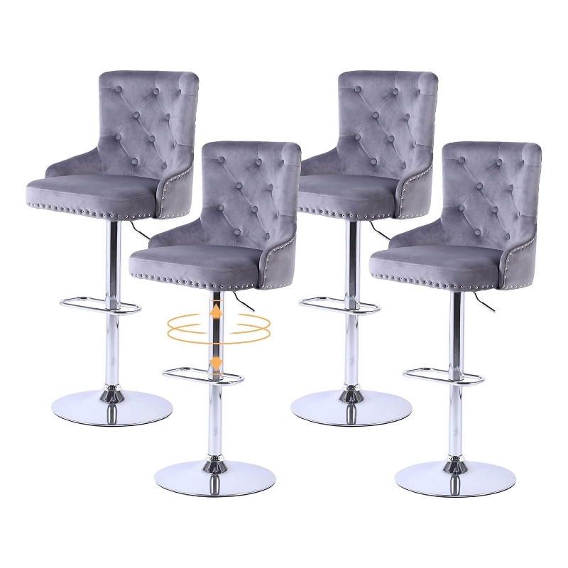 Alexent Modern Glam Velvet Bar Stool Chairs Adjustable Height - GRAY SET OF 4