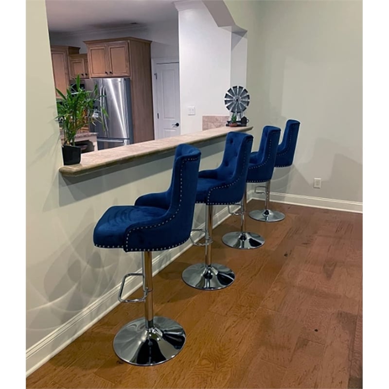 Alexent Modern Glam Velvet Bar Stool Chairs Adjustable Height - NAVY SET OF 4