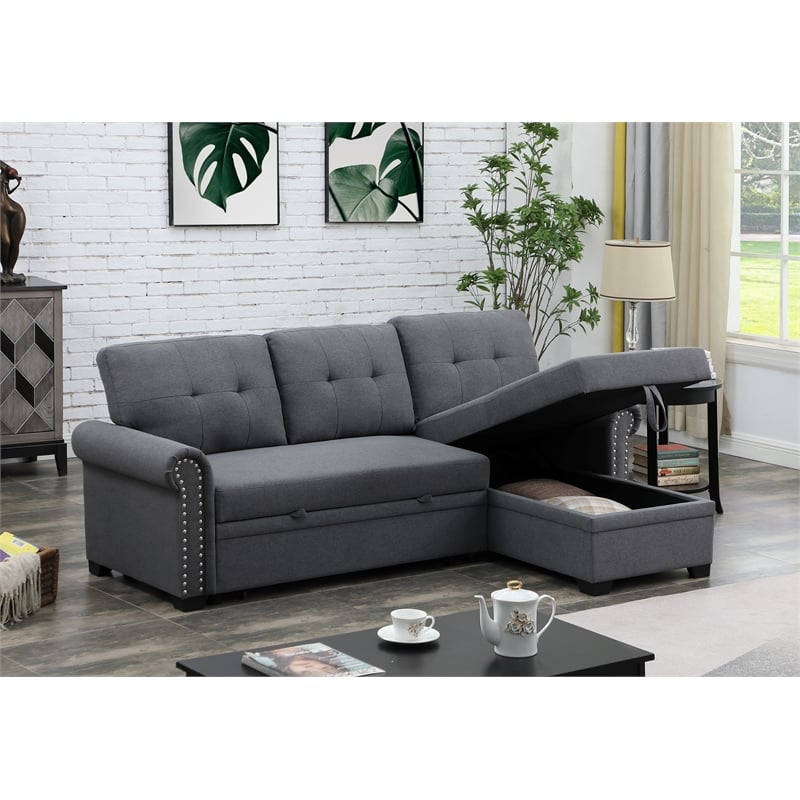 Alexent Reversible Fabric Sleeper Sofa with Storage Chaise in Dark Gray