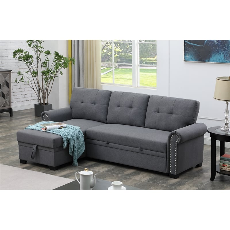 Alexent Reversible Fabric Sleeper Sofa with Storage Chaise in Dark Gray