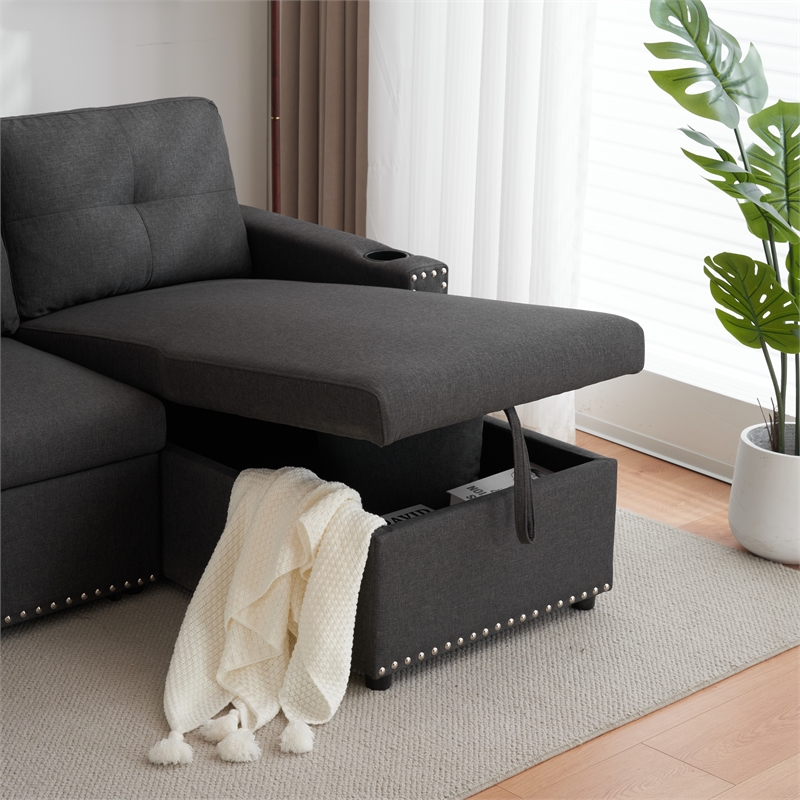 Alexent Traditional Fabric Sleeper Sofa with Storage Compartment -DARK GRAY