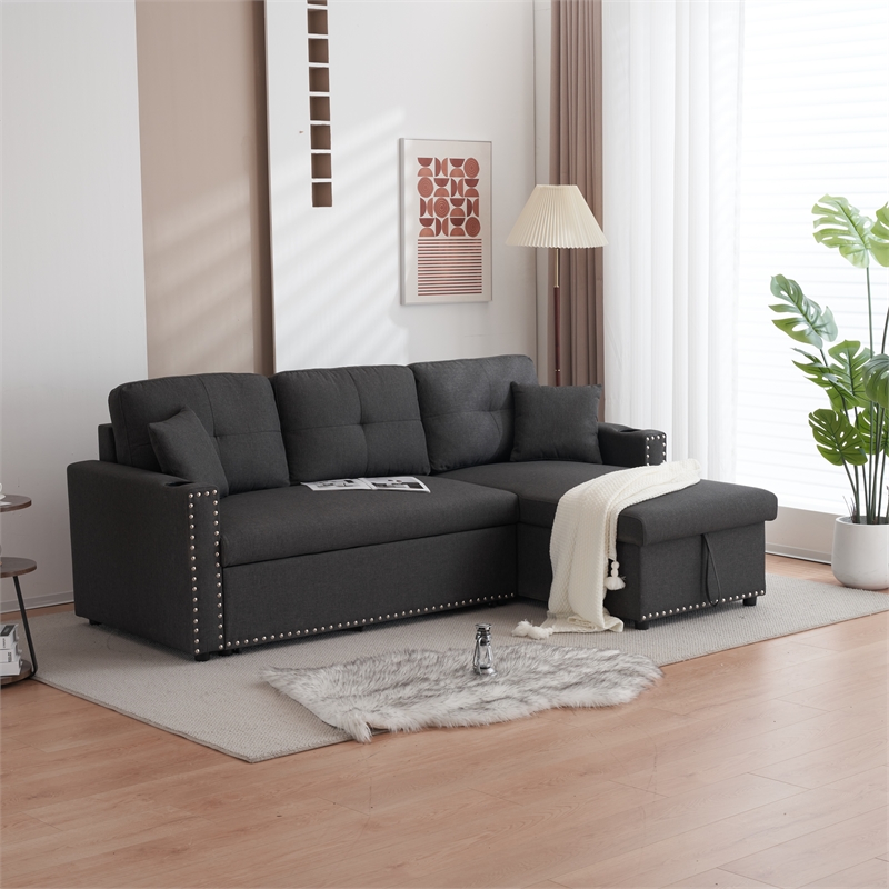 Alexent Traditional Fabric Sleeper Sofa with Storage Compartment -DARK GRAY