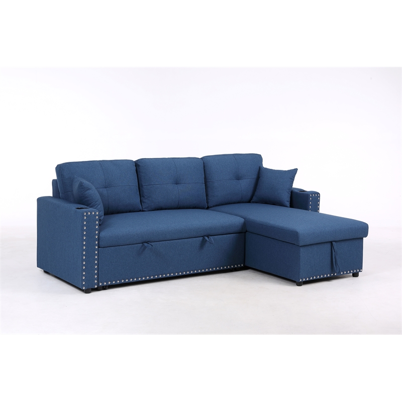 Alexent Reversible Sleeper Sofa Full Bed Storage Ottoman Cup Holders BLUE