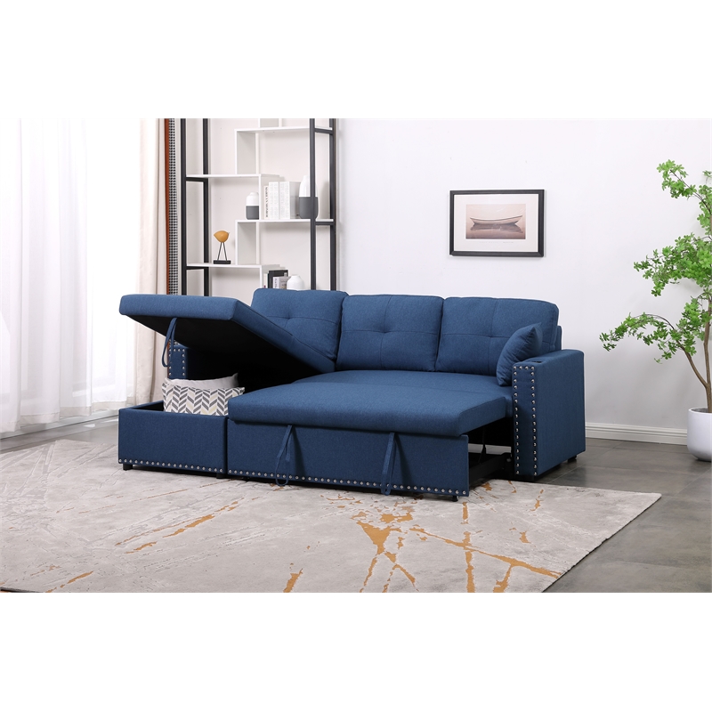 Alexent Reversible Sleeper Sofa Full Bed Storage Ottoman Cup Holders BLUE
