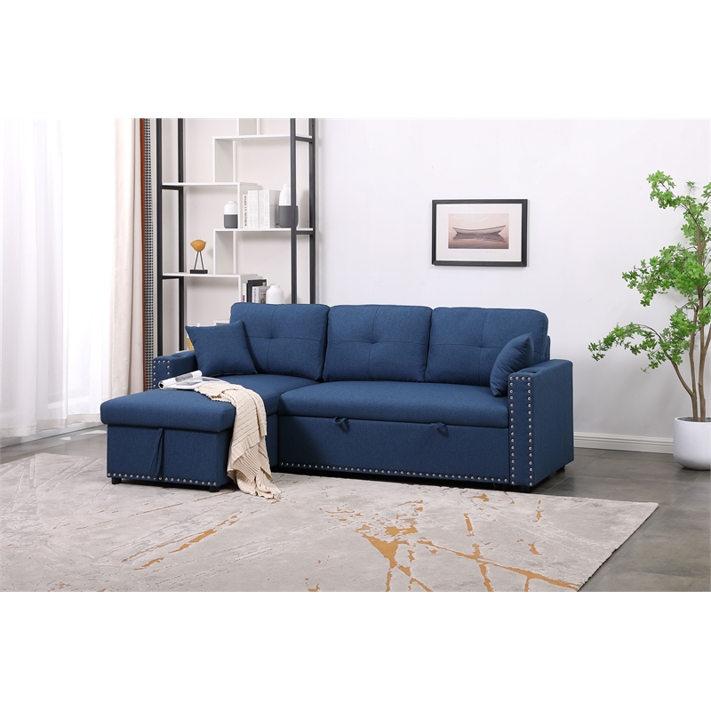 Alexent Reversible Sleeper Sofa Full Bed Storage Ottoman Cup Holders BLUE