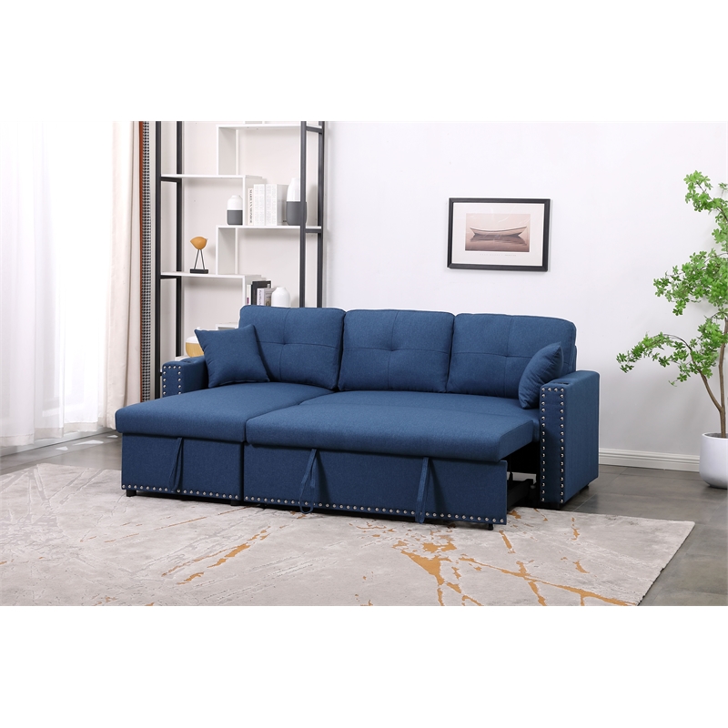 Alexent Reversible Sleeper Sofa Full Bed Storage Ottoman Cup Holders BLUE