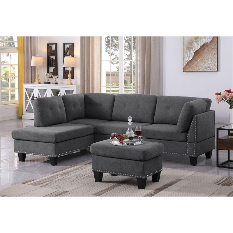 ALEXENT L-Shaped Fabric Sectional Sofa w Chaise Ottoman Left Facing-DARK GRAY