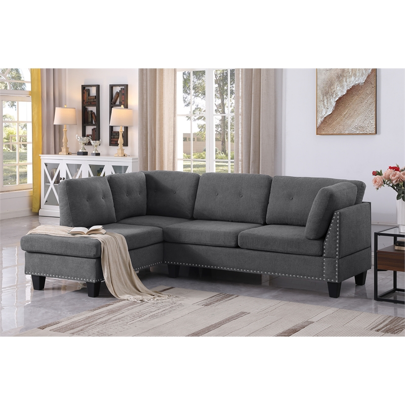 ALEXENT L-Shaped Fabric Sectional Sofa w Chaise Ottoman Left Facing-DARK GRAY
