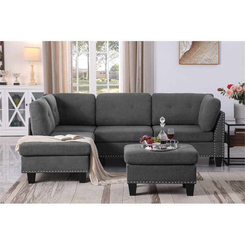 ALEXENT L-Shaped Fabric Sectional Sofa w Chaise Ottoman Left Facing-DARK GRAY