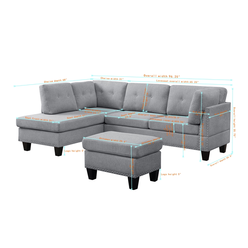 ALEXENT L-Shaped Fabric Sectional Sofa w Chaise Ottoman Left Facing-DARK GRAY