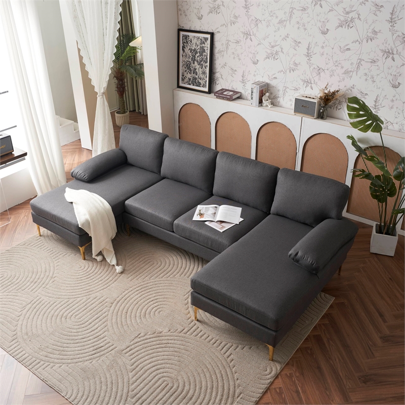 ALEXENT U- Shaped Sectional Fabric Sofa with Double Chaise ands- Light Gray