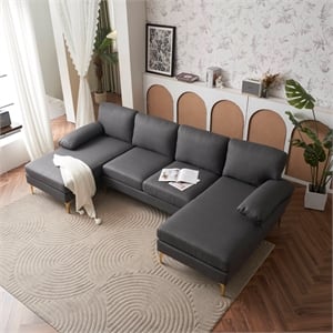 ALEXENT U- Shaped Sectional Fabric Sofa with Double Chaise ands- Light Gray