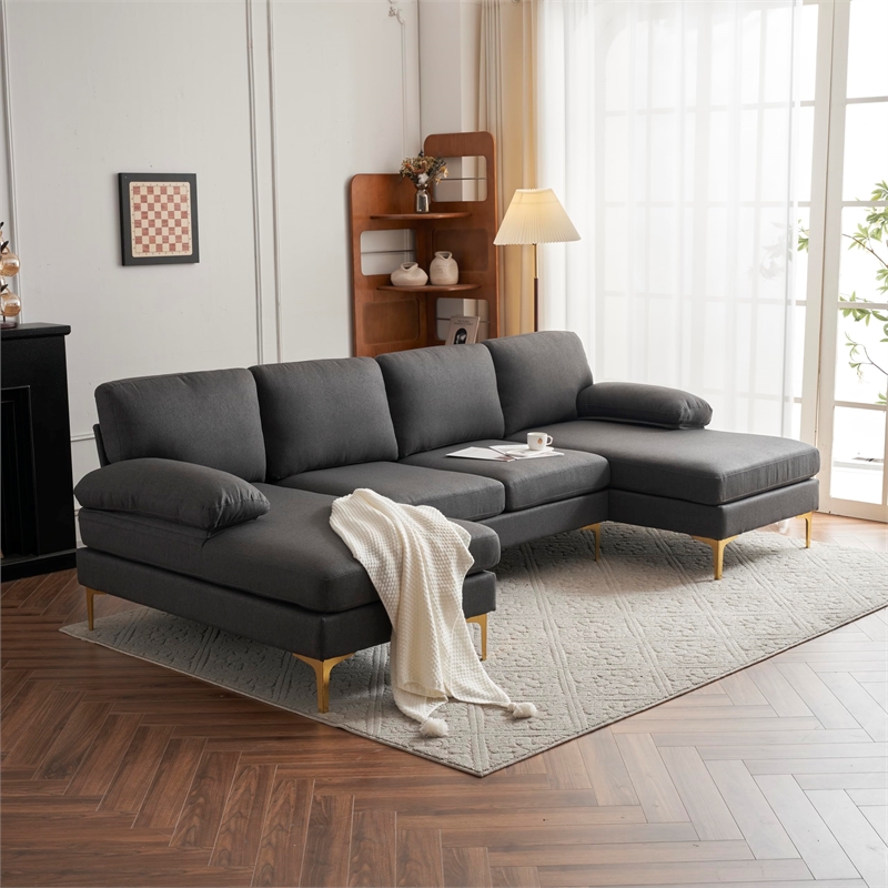 ALEXENT U- Shaped Sectional Fabric Sofa with Double Chaise ands- Light Gray