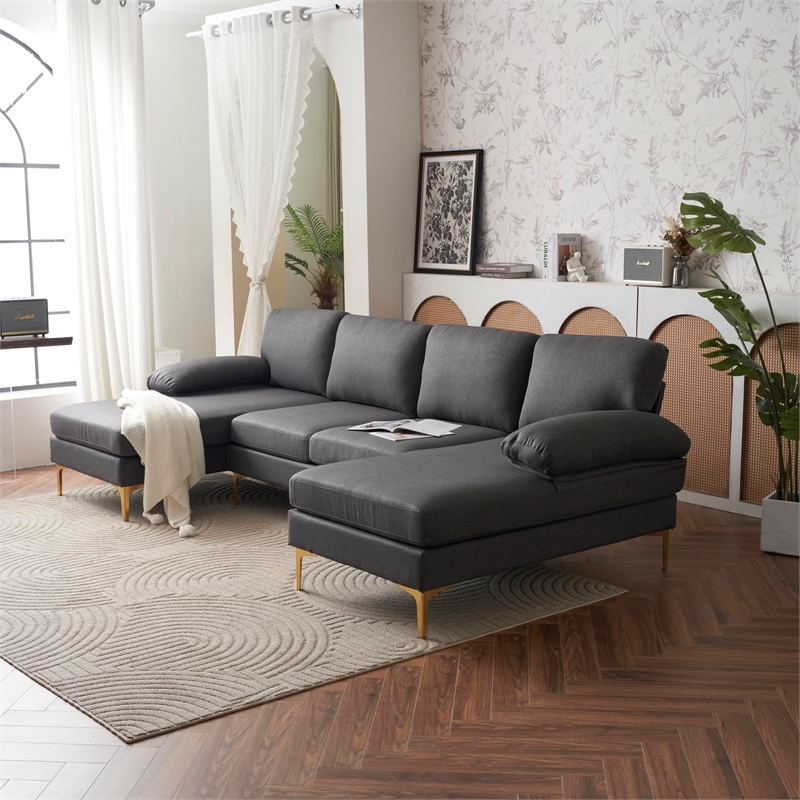 ALEXENT U- Shaped Sectional Fabric Sofa with Double Chaise ands- Light Gray