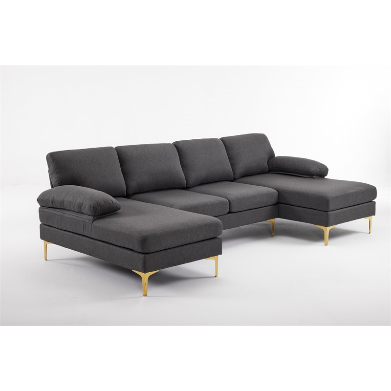 ALEXENT U- Shaped Sectional Fabric Sofa with Double Chaise ands- Light Gray