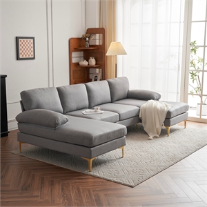 ALEXENT U- Shaped Sectional Fabric Sofa with Double Chaise ands- Dark Gray