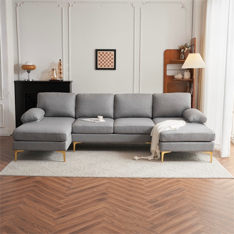 ALEXENT U- Shaped Sectional Fabric Sofa with Double Chaise ands- Dark Gray