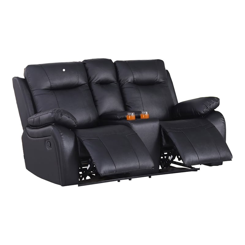 Alexent Manual Faux Leather Recliner Loveseat Sofa with Drink Holder in Black