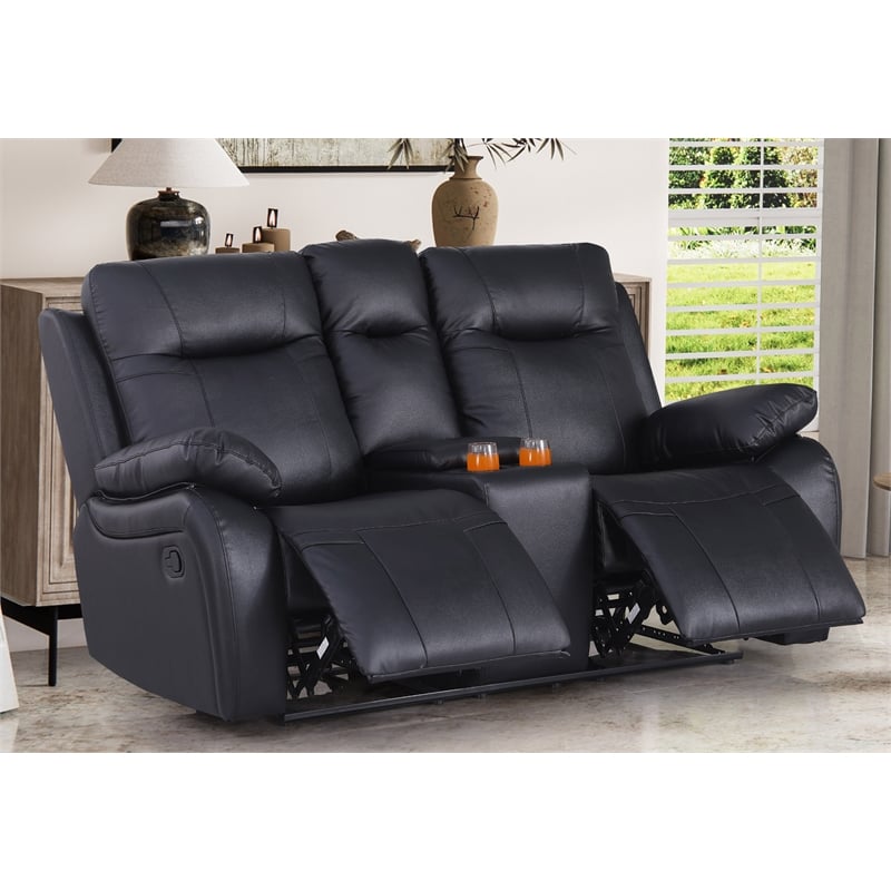 Alexent Manual Faux Leather Recliner Loveseat Sofa with Drink Holder in Black