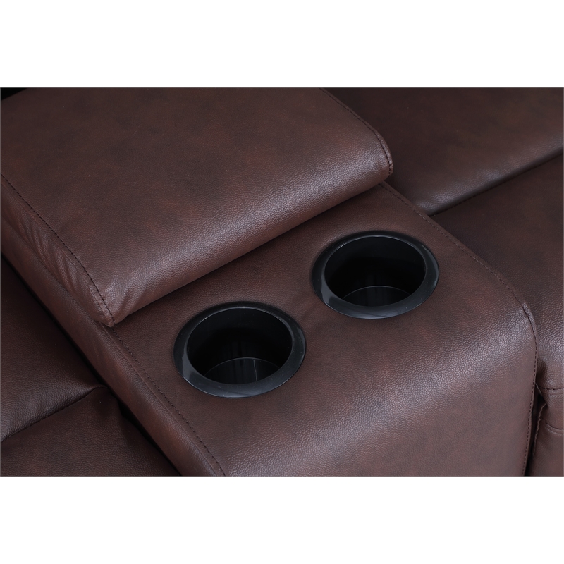 Alexent Manual Faux Leather Recliner Loveseat Sofa with Drink Holder in Brown