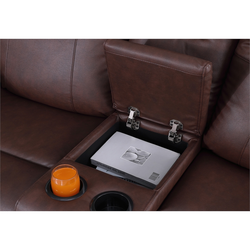 Alexent Manual Faux Leather Recliner Loveseat Sofa with Drink Holder in Brown