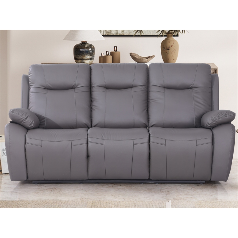 Alexent Manual Faux Leather Recliner 3-Seater Sofa Couch in Gray