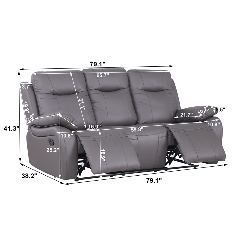Alexent Manual Faux Leather Recliner 3-Seater Sofa Couch in Gray