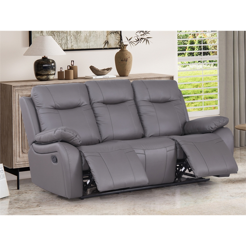 Alexent Manual Faux Leather Recliner 3-Seater Sofa Couch in Gray